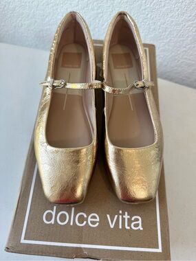 Dolce Vita "Reyes" Metallic Distressed Gold Mary Jane Flats with Square Toe